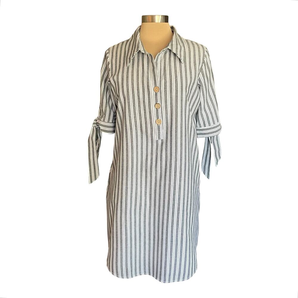 Striped Button-Front Shirt Dress in Gray and White